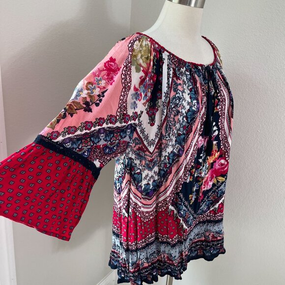 Bila Womens Plus XXL Multicolor Boho Tunic Top Floral Tassel Tie Shirt - Picture 3 of 11